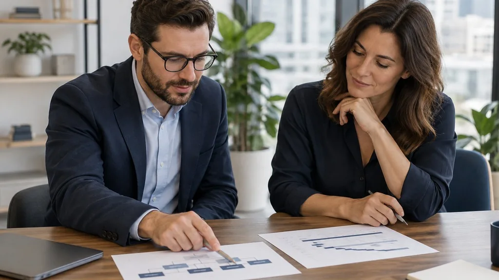 Two marketing leaders at a meeting table comparing a printed org chart and a project plan in a bright modern office