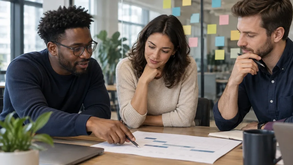 Three colleagues around a table reviewing a printed 90-day plan with sticky notes on a glass wall behind them