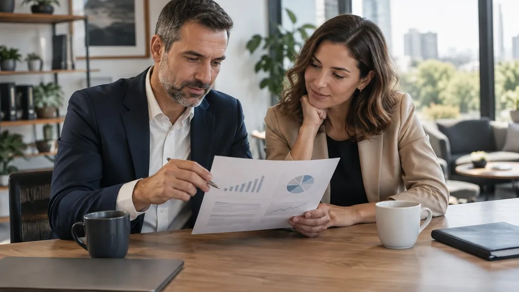 A finance lead and a marketing lead reviewing a single printed one-page report together at a desk in a bright office