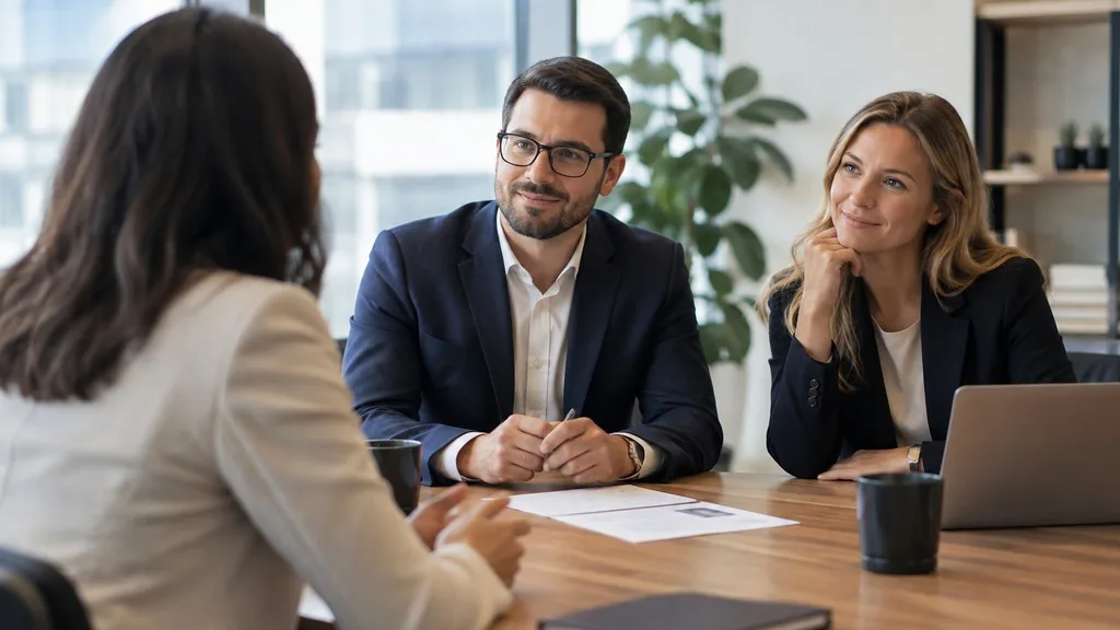 A buyer interviewing two consultants across a meeting table with a printed one-page brief between them