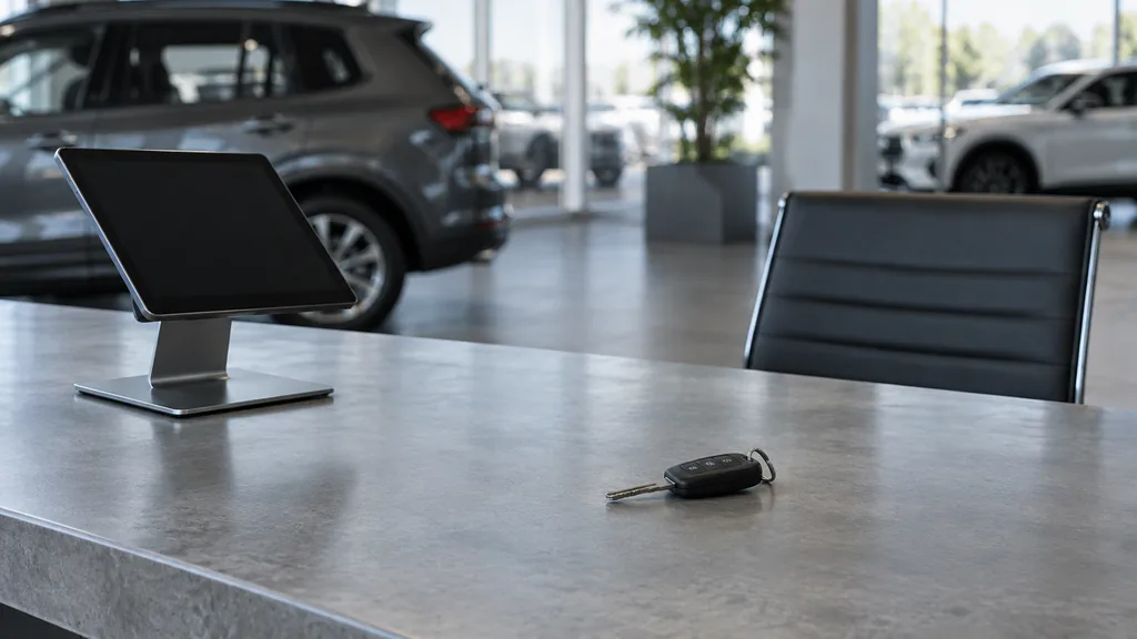 An empty workspace: an empty dealership handover desk of brushed concrete with a bare tablet stand and one set of unbranded keys in cool showroom light