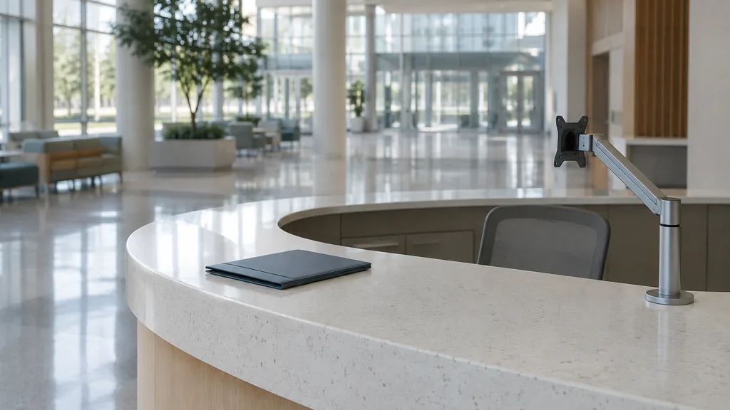 An empty workspace: an empty hospital atrium information counter of pale terrazzo with one closed folder and a bare monitor arm in diffused daylight
