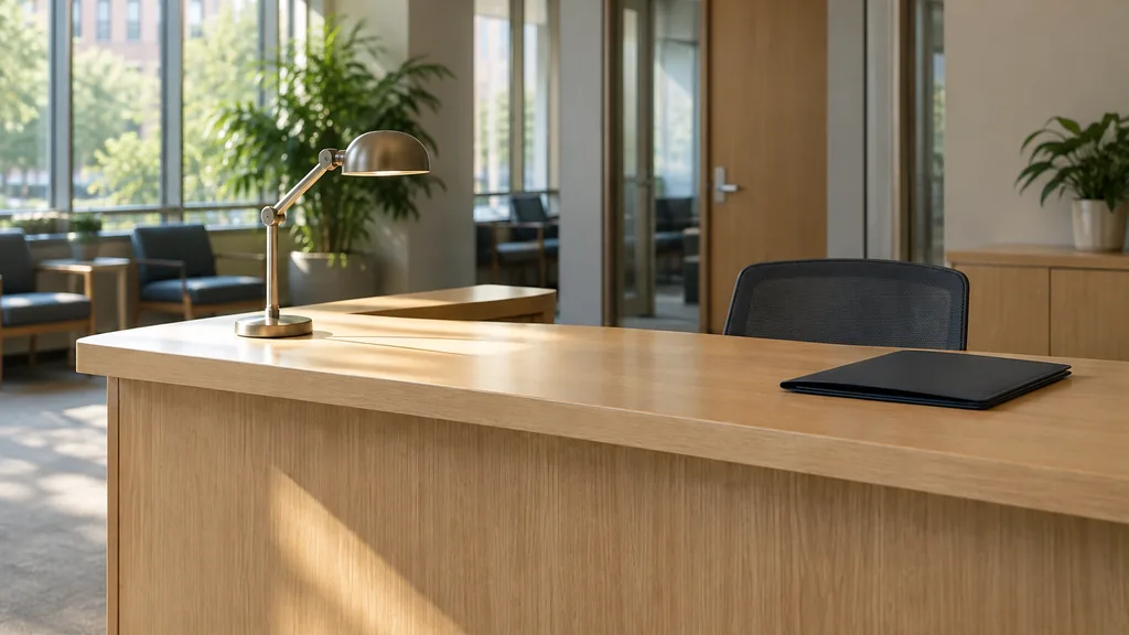 An empty workspace: an empty university admissions counter of light oak with a bare desk lamp and one closed folder in soft morning light