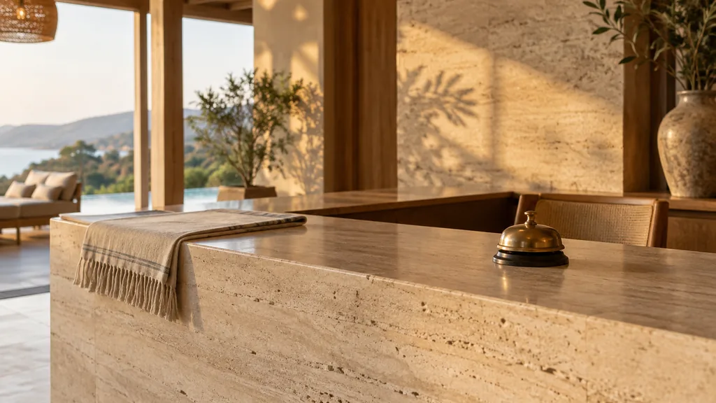 An empty workspace: an empty resort reception counter of pale travertine with a bare bell and one folded linen runner in warm late afternoon light