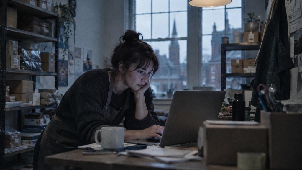 A small-business owner in an apron leaning over a laptop on a cluttered back-office desk late in the day, photographed in Birmingham