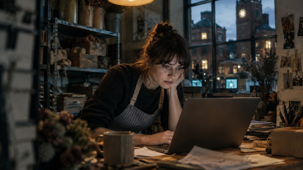 A small-business owner in an apron leaning over a laptop on a cluttered back-office desk late in the day, photographed in Birmingham