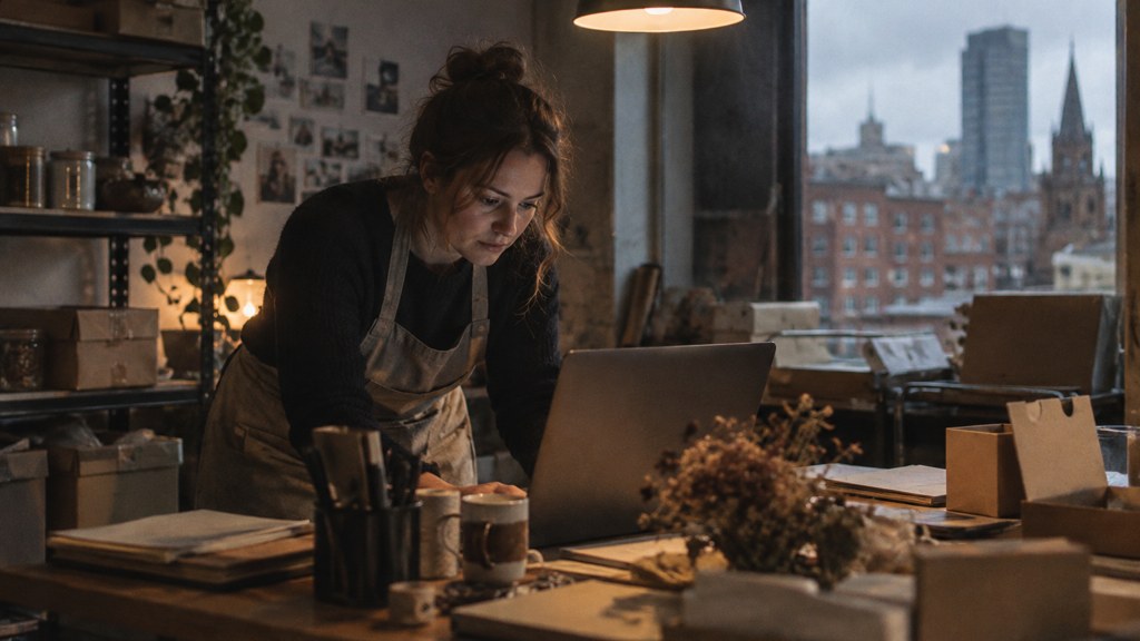 A small-business owner in an apron leaning over a laptop on a cluttered back-office desk late in the day, photographed in Birmingham