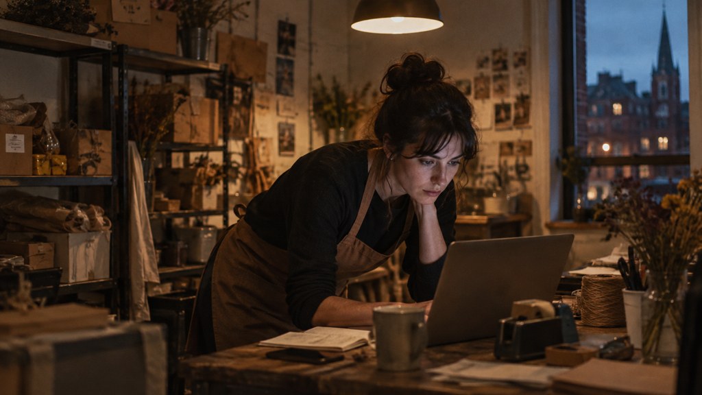A small-business owner in an apron leaning over a laptop on a cluttered back-office desk late in the day, photographed in Birmingham