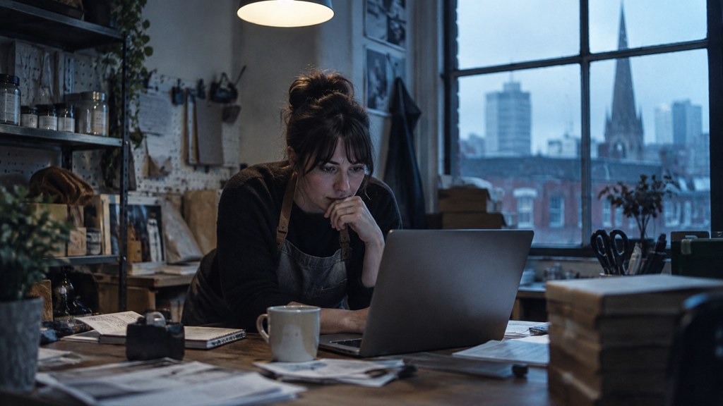 A small-business owner in an apron leaning over a laptop on a cluttered back-office desk late in the day, photographed in Birmingham