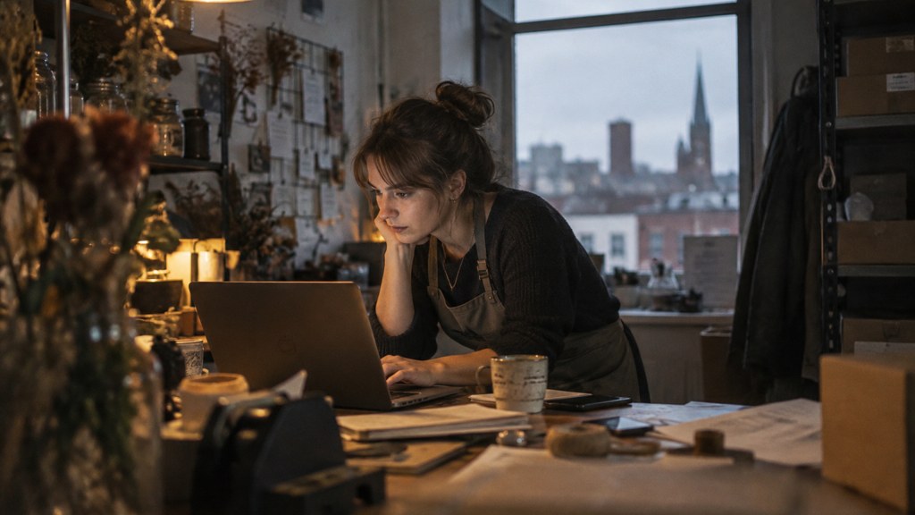 A small-business owner in an apron leaning over a laptop on a cluttered back-office desk late in the day, photographed in Birmingham