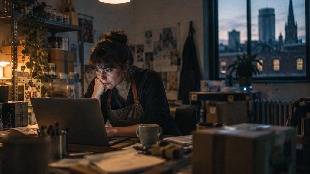 A small-business owner in an apron leaning over a laptop on a cluttered back-office desk late in the day, photographed in Birmingham