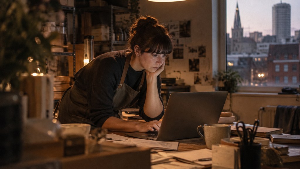 A small-business owner in an apron leaning over a laptop on a cluttered back-office desk late in the day, photographed in Birmingham