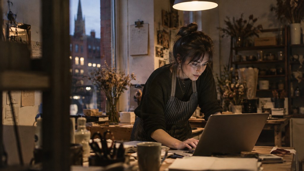 A small-business owner in an apron leaning over a laptop on a cluttered back-office desk late in the day, photographed in Birmingham