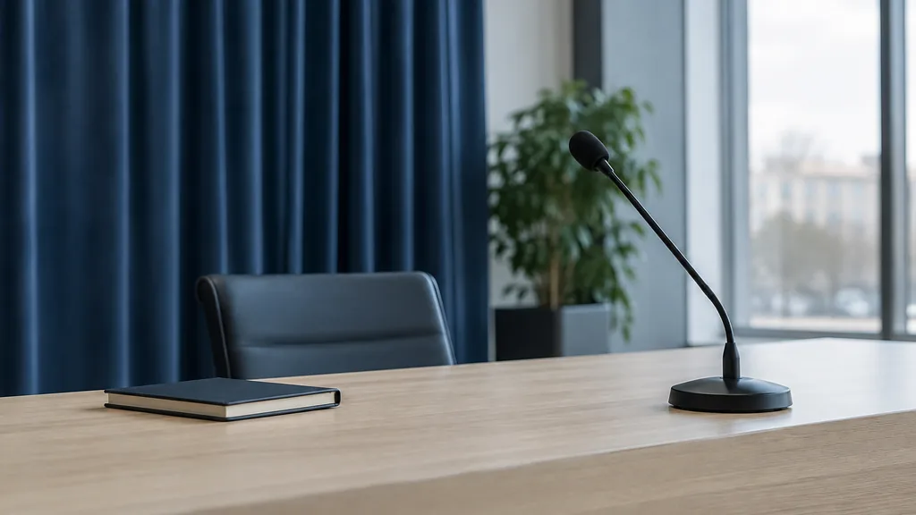 An empty workspace: an empty press briefing table of pale ash wood with a bare microphone stand and one closed notebook in cool morning light