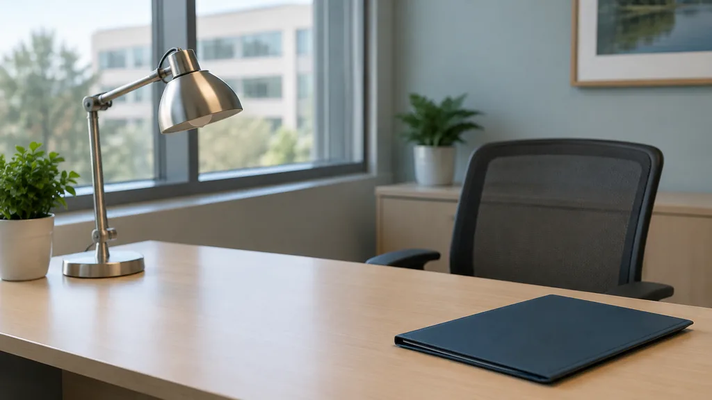 An empty workspace: an empty hospital communications office desk of light maple with a bare desk lamp and one closed folder in diffused daylight