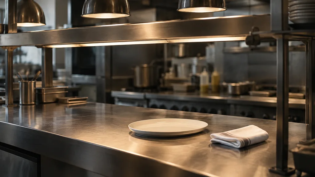An empty workspace: an empty restaurant pass of stainless steel with one bare white plate and a folded linen cloth in warm service light