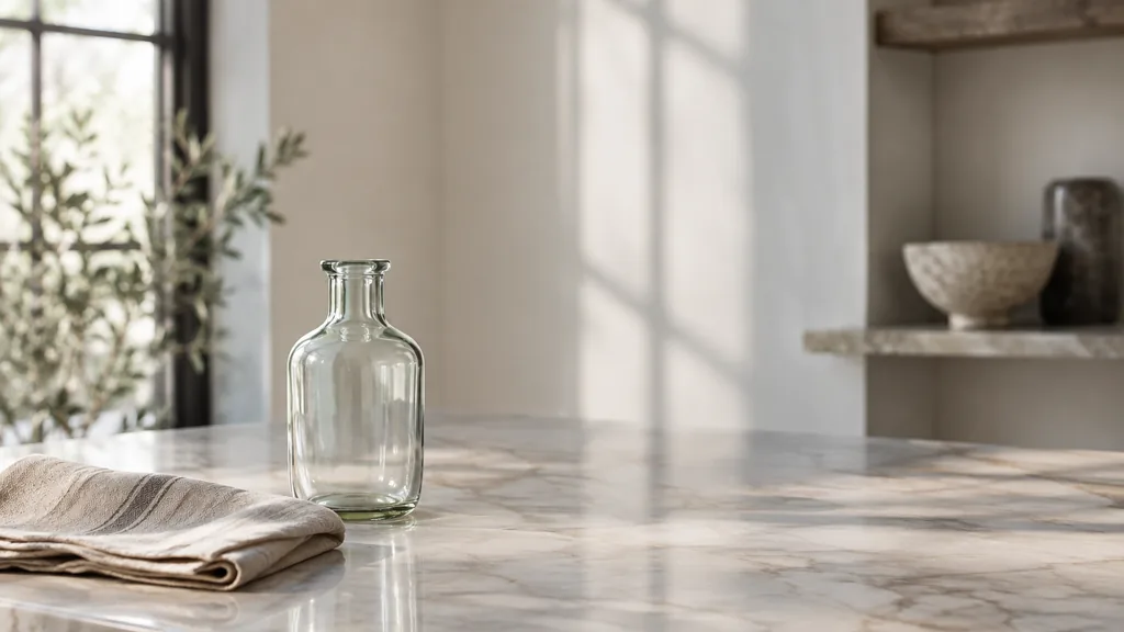 An empty workspace: an empty studio styling table of pale marble with one bare glass bottle and a folded cloth in soft window light