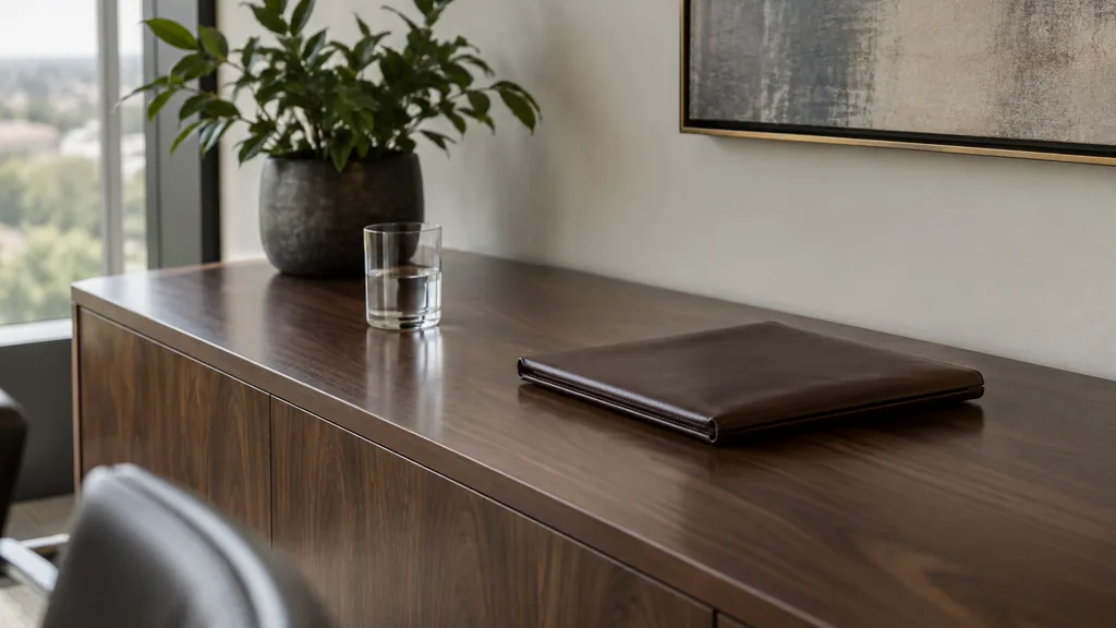 An empty workspace: an empty boardroom credenza of dark walnut with a bare water glass and one closed leather folio in restrained daylight