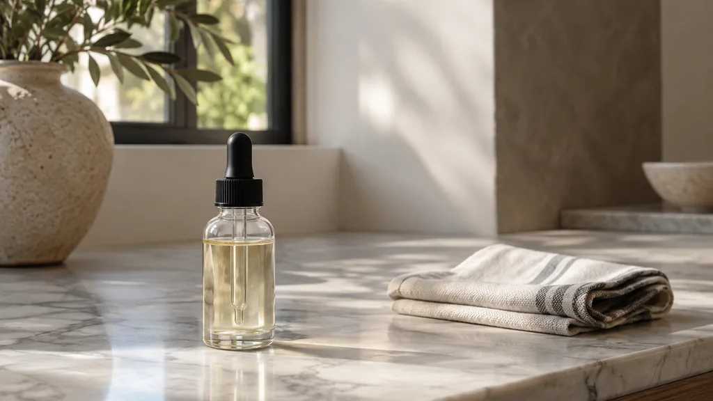 An empty workspace: an empty studio counter of pale marble with one unlabelled glass dropper bottle and a folded cloth in soft window light