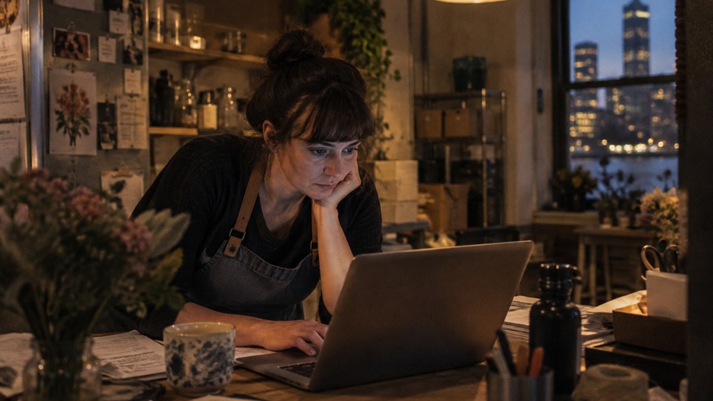 A small-business owner in an apron leaning over a laptop on a cluttered back-office desk late in the day, photographed in Boston