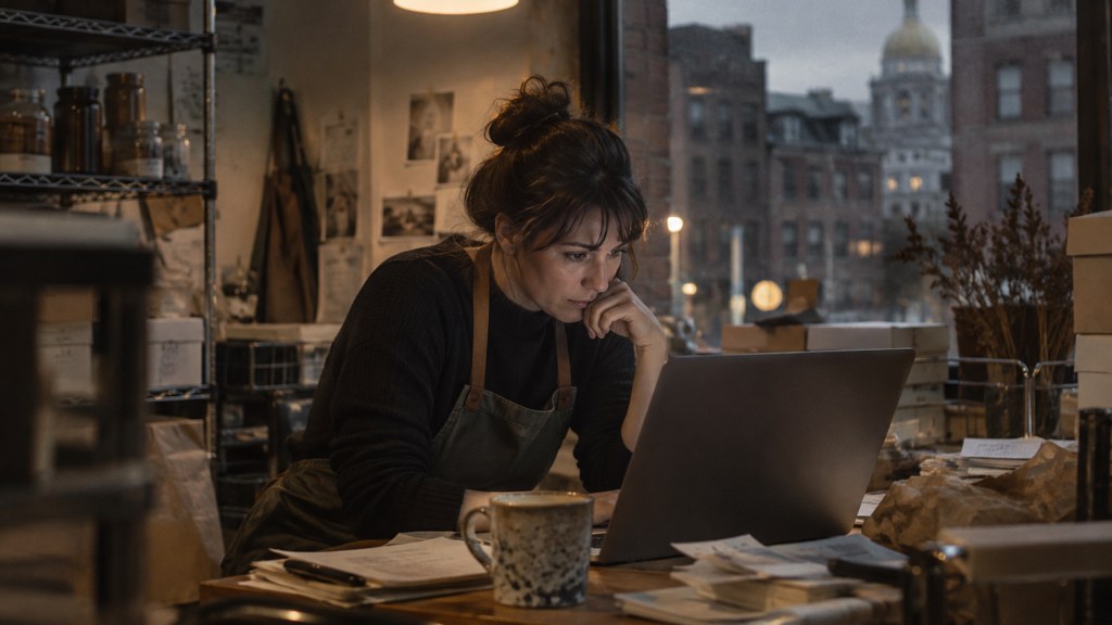 A small-business owner in an apron leaning over a laptop on a cluttered back-office desk late in the day, photographed in Boston
