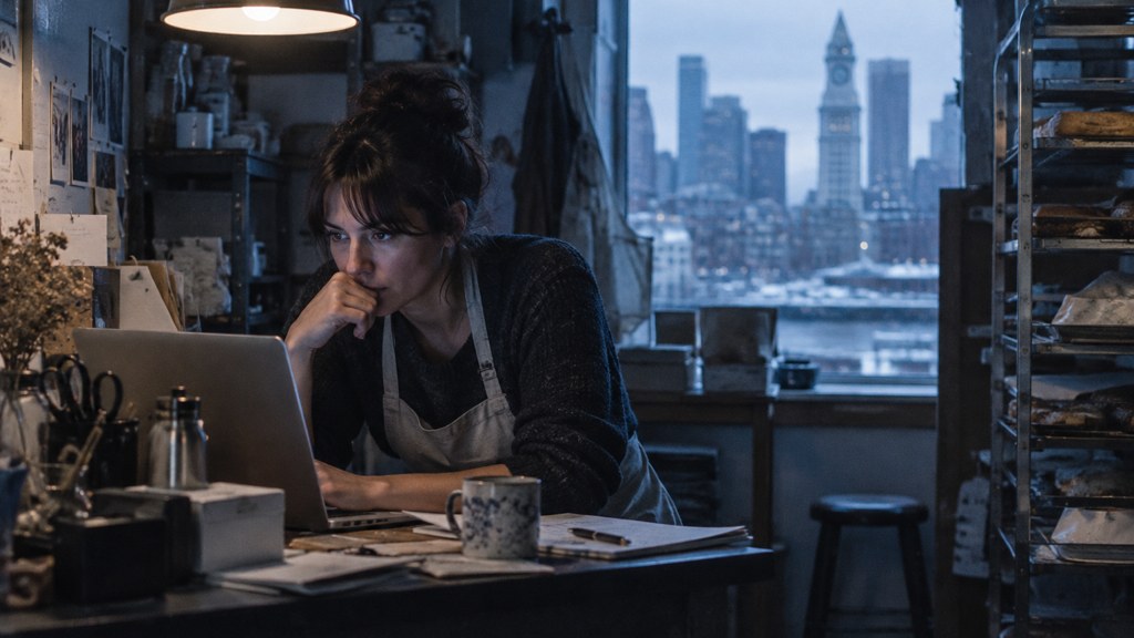 A small-business owner in an apron leaning over a laptop on a cluttered back-office desk late in the day, photographed in Boston