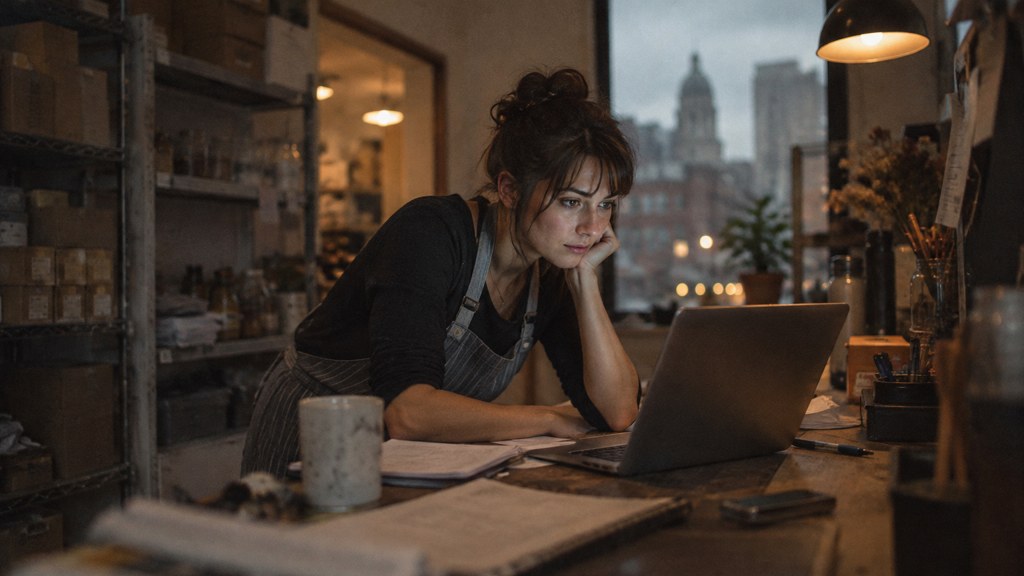 A small-business owner in an apron leaning over a laptop on a cluttered back-office desk late in the day, photographed in Boston