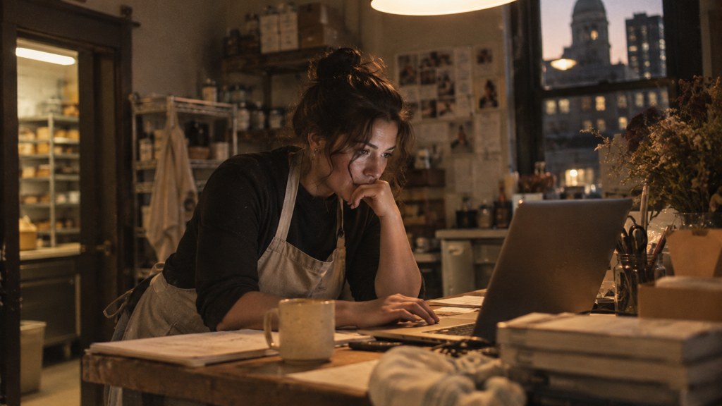 A small-business owner in an apron leaning over a laptop on a cluttered back-office desk late in the day, photographed in Boston