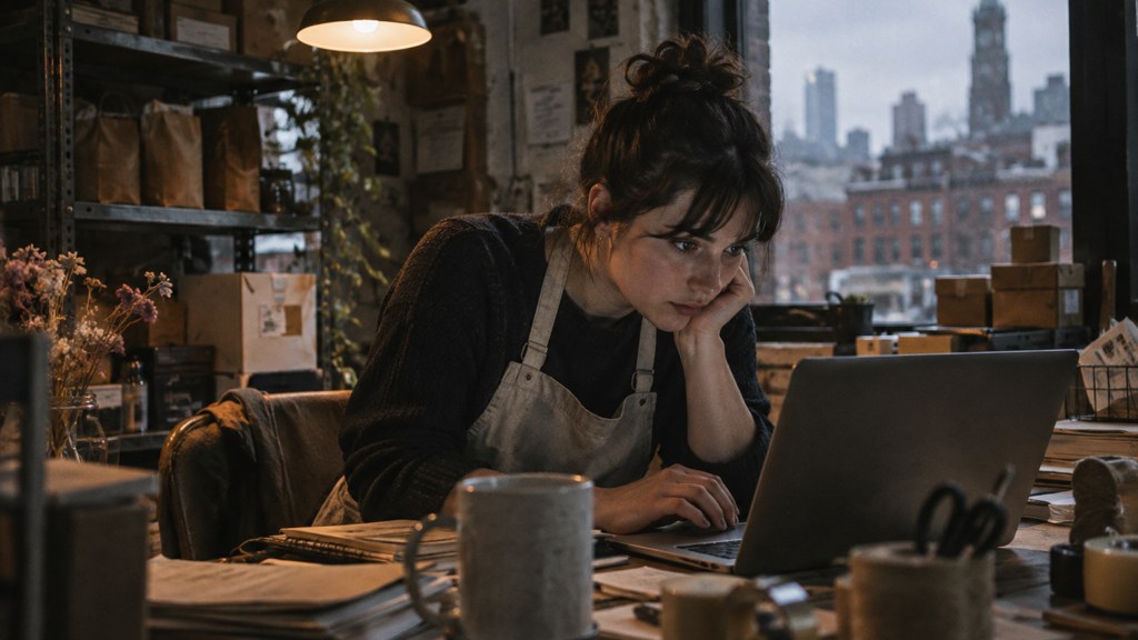 A small-business owner in an apron leaning over a laptop on a cluttered back-office desk late in the day, photographed in Boston