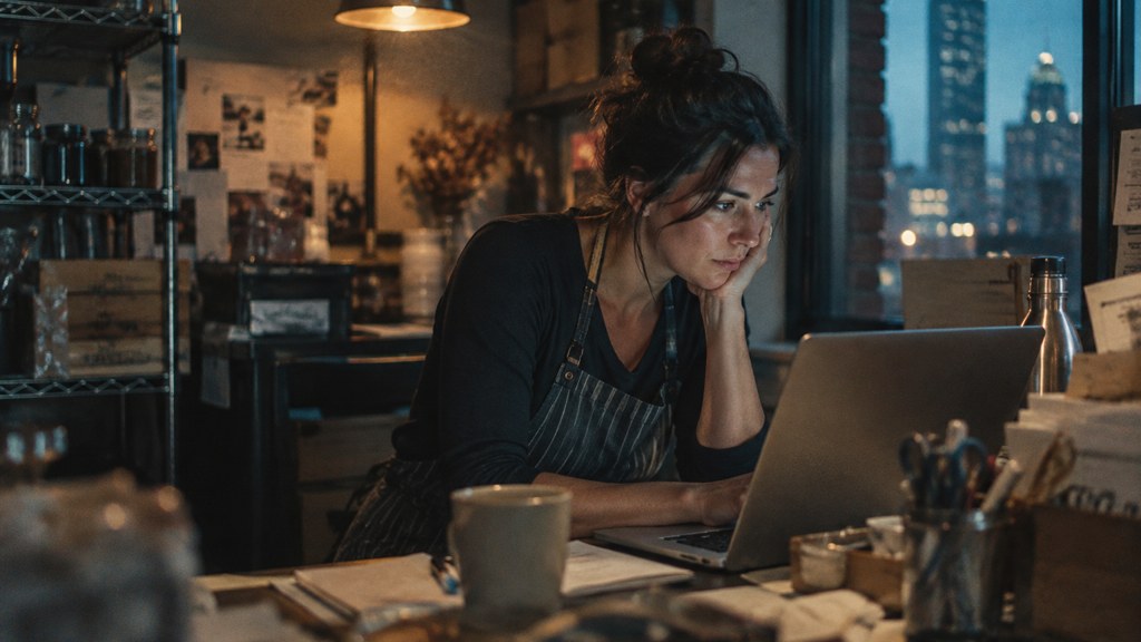 A small-business owner in an apron leaning over a laptop on a cluttered back-office desk late in the day, photographed in Boston