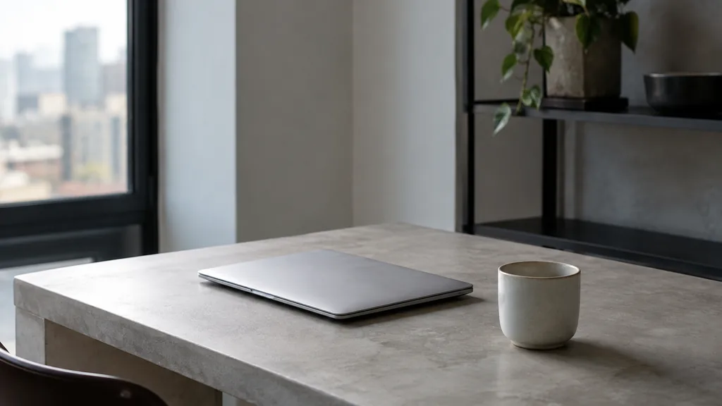 An empty workspace: an empty desk of pale concrete with one closed laptop and a bare ceramic cup in cool window light