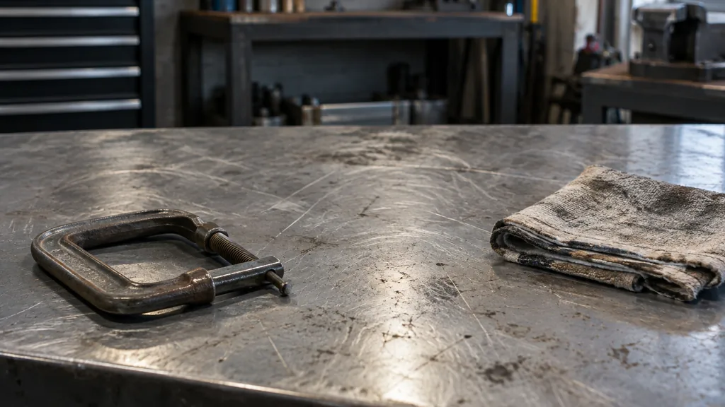 An empty workspace: an empty workbench of scuffed steel with one bare clamp and a folded shop cloth under hard overhead light