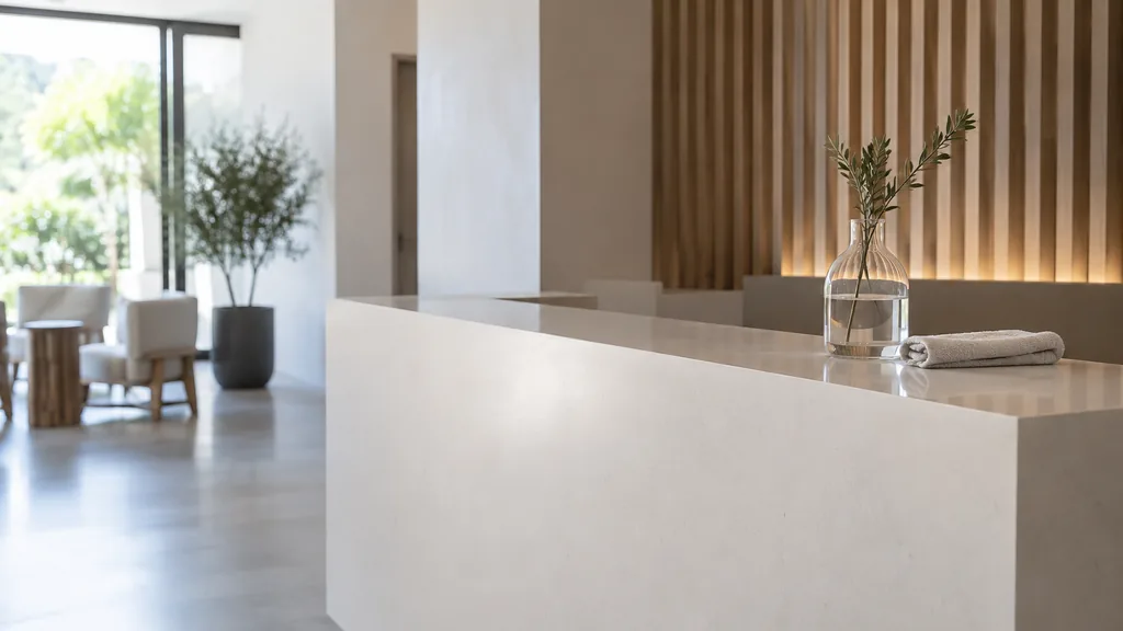 An empty workspace: an empty reception counter of white composite with one bare glass vase and a folded towel in soft daylight