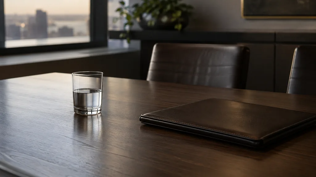 An empty workspace: an empty meeting table of dark walnut with one bare water glass and a closed leather folio in low window light
