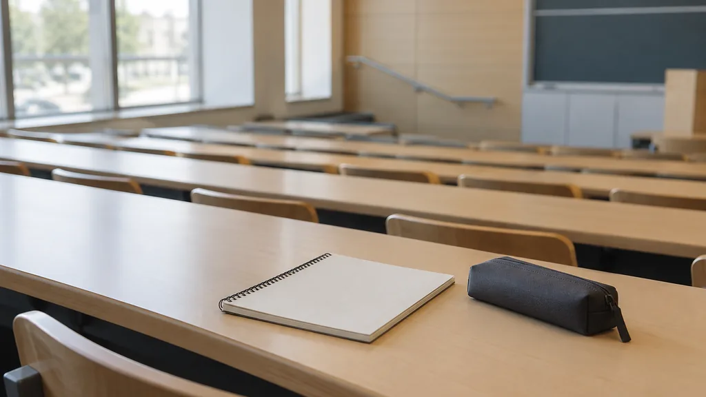 An empty workspace: an empty lecture-hall desk of light maple with one bare notebook and a closed pen case in diffused morning light