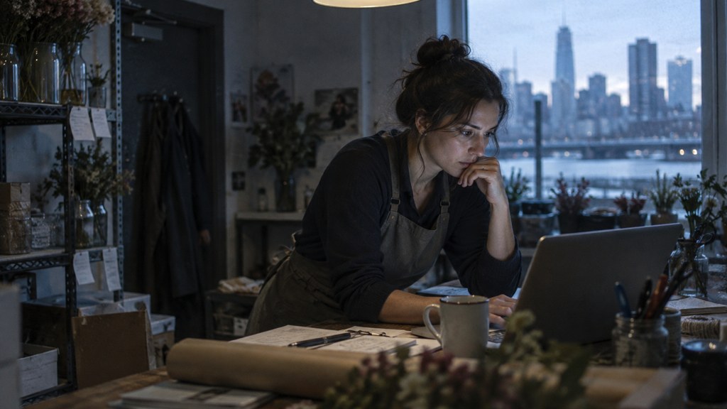 A small-business owner in an apron leaning over a laptop on a cluttered back-office desk late in the day, photographed in Boston