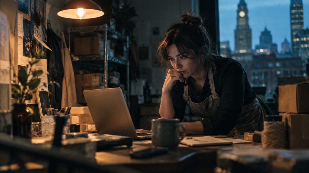A small-business owner in an apron leaning over a laptop on a cluttered back-office desk late in the day, photographed in Boston