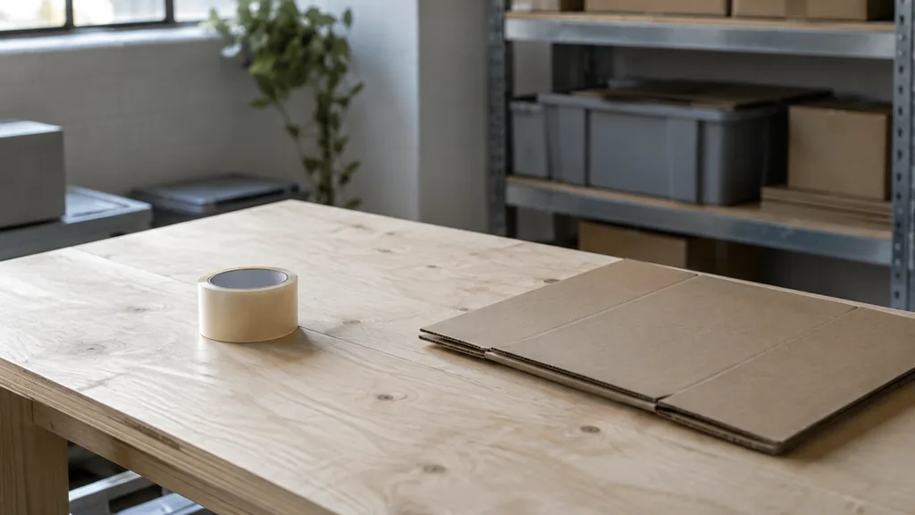 An empty workspace: an empty packing bench of pale plywood with one bare roll of tape and a folded flat box in cool daylight