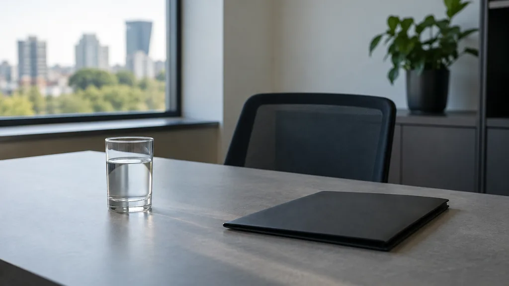 An empty workspace: an empty office table of grey laminate with one bare glass of water and a closed folder under soft window light