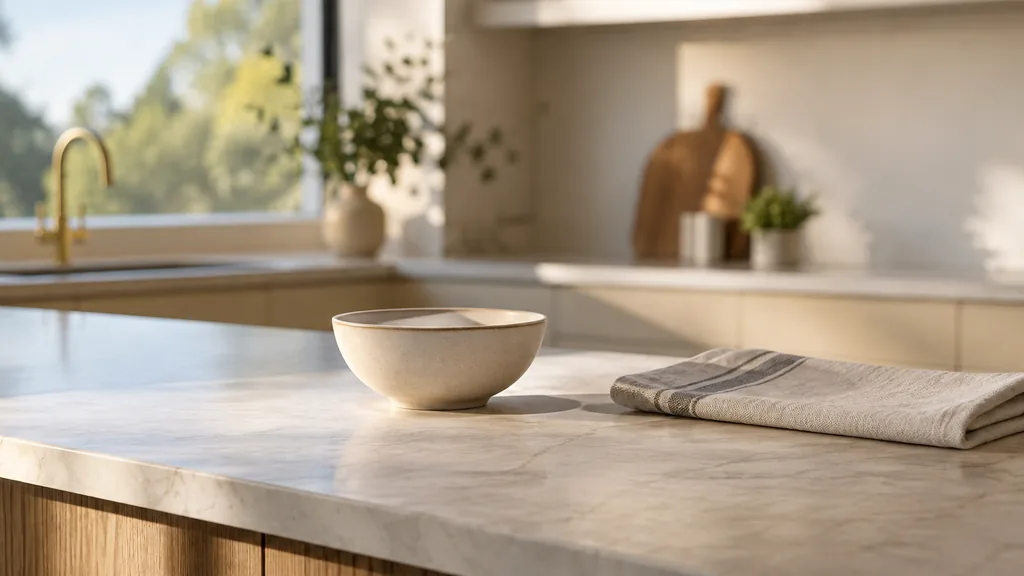 An empty workspace: an empty show-home counter of pale stone with one bare ceramic bowl and a folded linen cloth in morning light