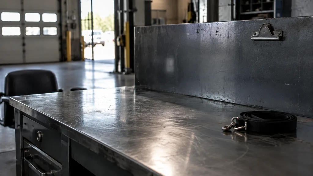 An empty workspace: an empty dispatch desk of scuffed steel with one bare clipboard hook and a coiled strap under hard overhead light