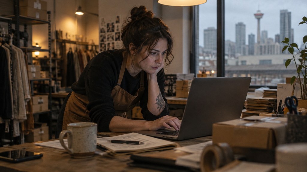 A small-business owner in an apron leaning over a laptop on a cluttered back-office desk late in the day, photographed in Calgary