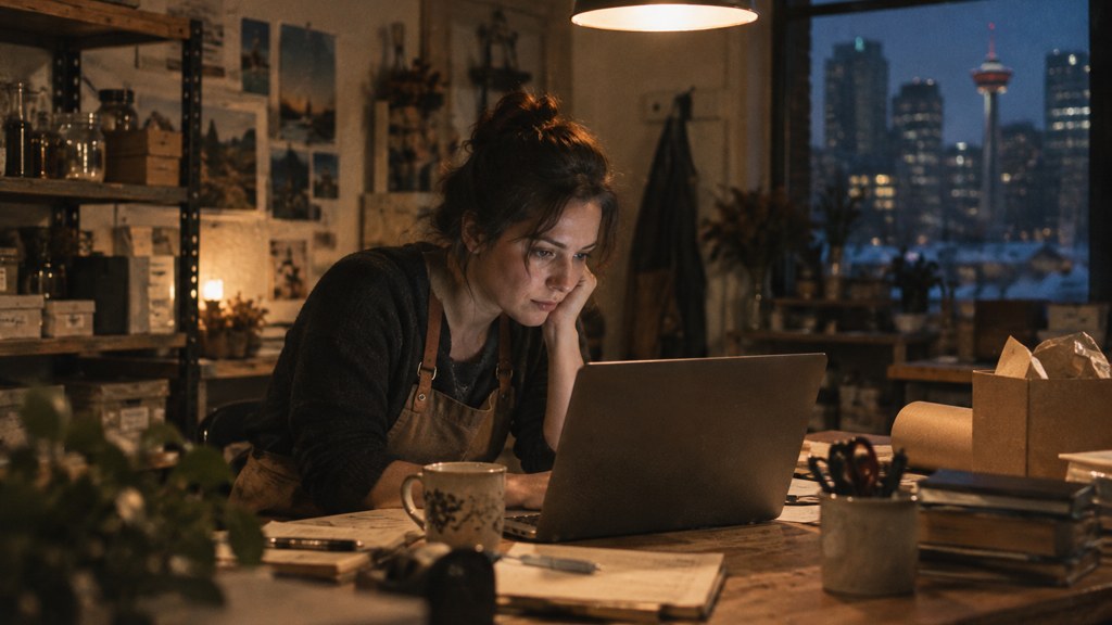 A small-business owner in an apron leaning over a laptop on a cluttered back-office desk late in the day, photographed in Calgary