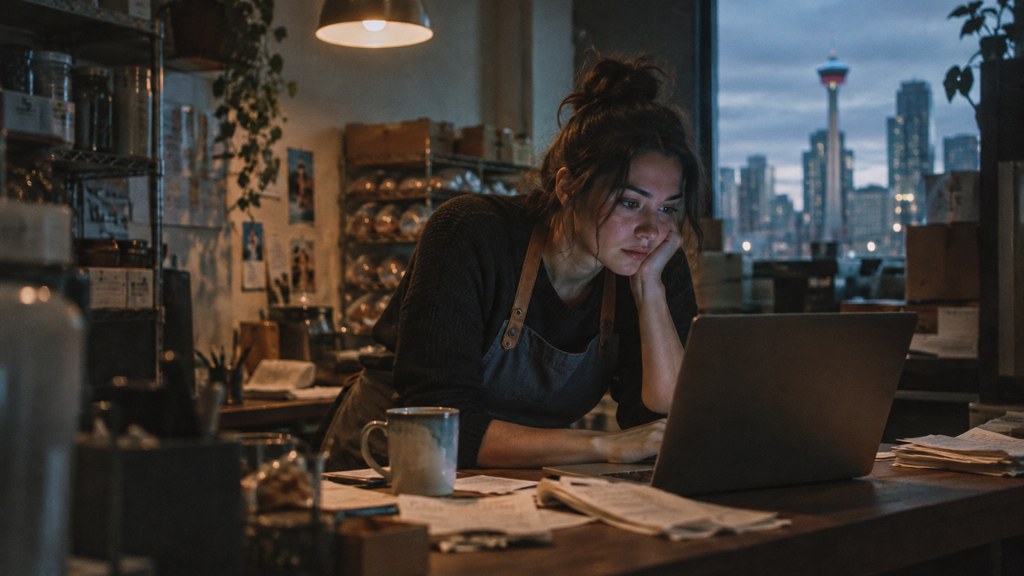 A small-business owner in an apron leaning over a laptop on a cluttered back-office desk late in the day, photographed in Calgary