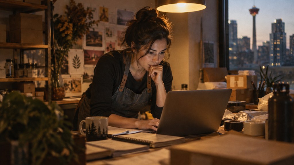 A small-business owner in an apron leaning over a laptop on a cluttered back-office desk late in the day, photographed in Calgary