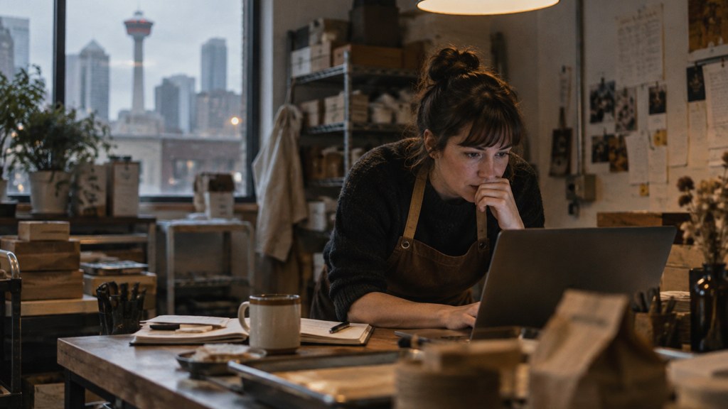 A small-business owner in an apron leaning over a laptop on a cluttered back-office desk late in the day, photographed in Calgary