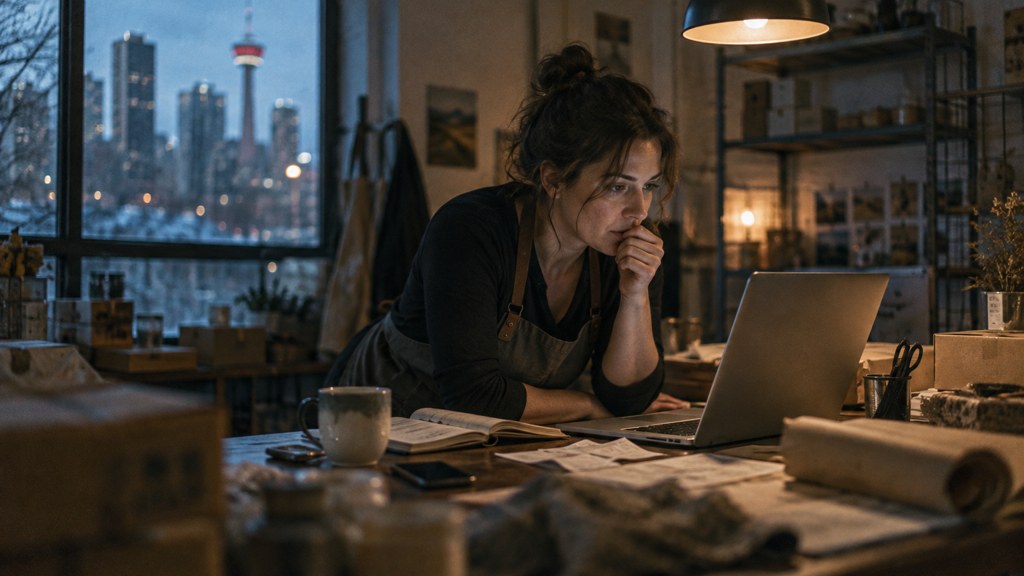 A small-business owner in an apron leaning over a laptop on a cluttered back-office desk late in the day, photographed in Calgary