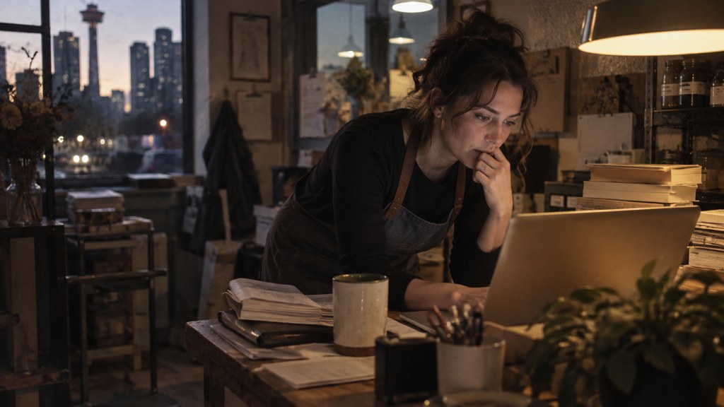 A small-business owner in an apron leaning over a laptop on a cluttered back-office desk late in the day, photographed in Calgary