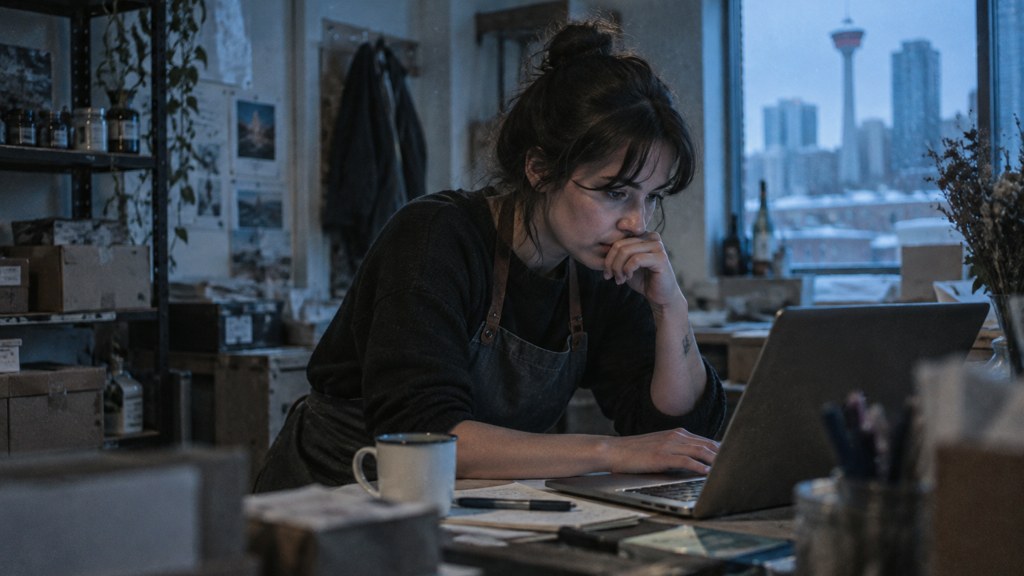A small-business owner in an apron leaning over a laptop on a cluttered back-office desk late in the day, photographed in Calgary