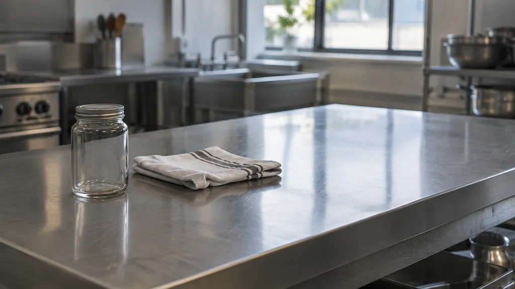 An empty workspace: an empty stainless prep counter with one bare glass jar and a folded cloth in cool daylight